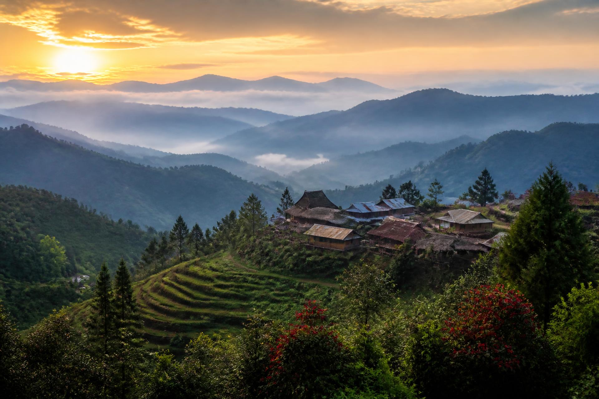 Misty green hills of Nagaland at dawn